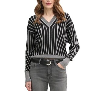 DKNY Womens Black Grey Striped V-Neck Sweater NEW